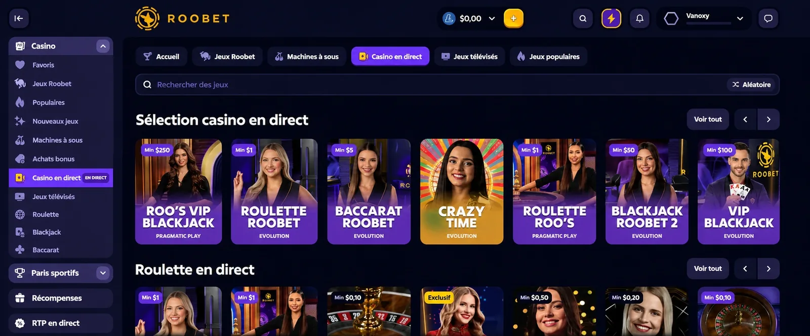 Roobet table games
